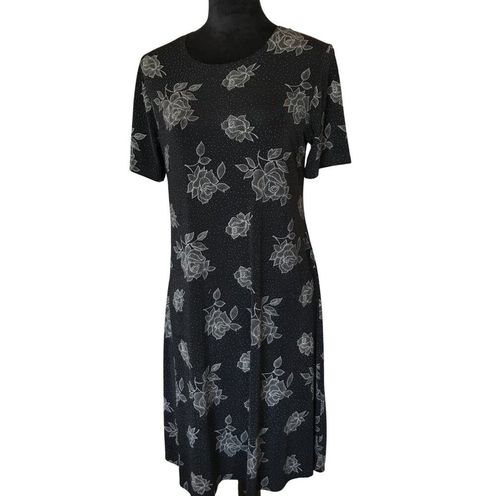 Black Floral Midi Dress Teddi Dresses, Vintage Lightweight Flowy Shift Size 10